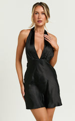 Isabella Mini Dress - Plunge Neck Back Tie Dress in Black