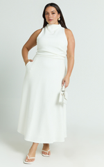 Macy Midi Dress – Sleeveless High-Neck A-Line Dress in Off White