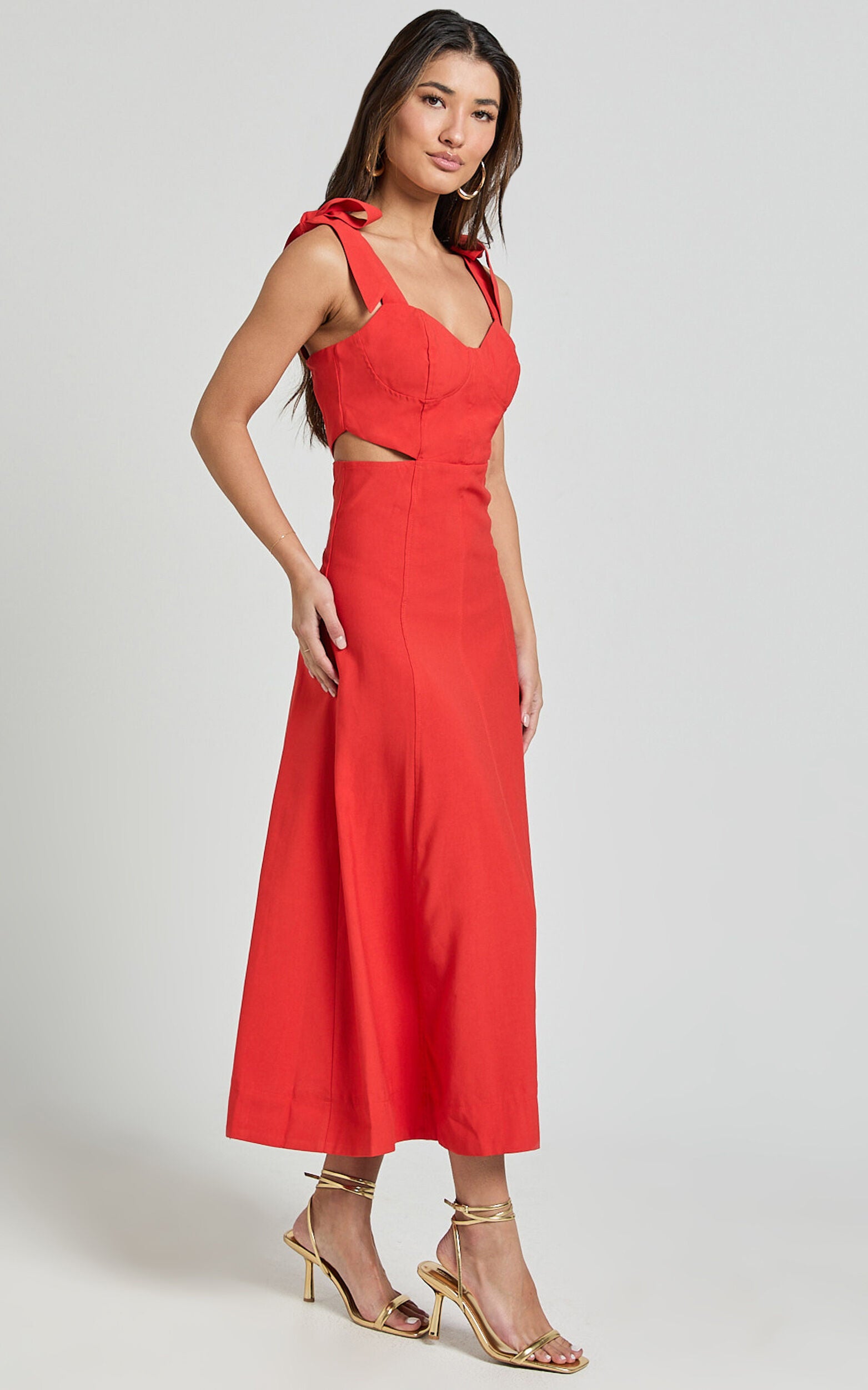 Giana Midi Dress - Shoulder Tie Cut Out Thigh Split Dress in Red