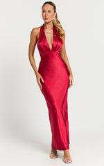 Prima Maxi Dress - Plunge Satin Dress in Red