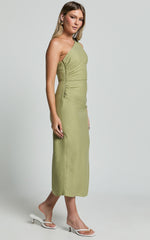 Arnie Midi Dress - One Shoulder Side Split Dress in Matcha Green