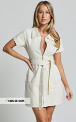 Nandini Mini Dress - Zip Through Denim Dress in Ecru