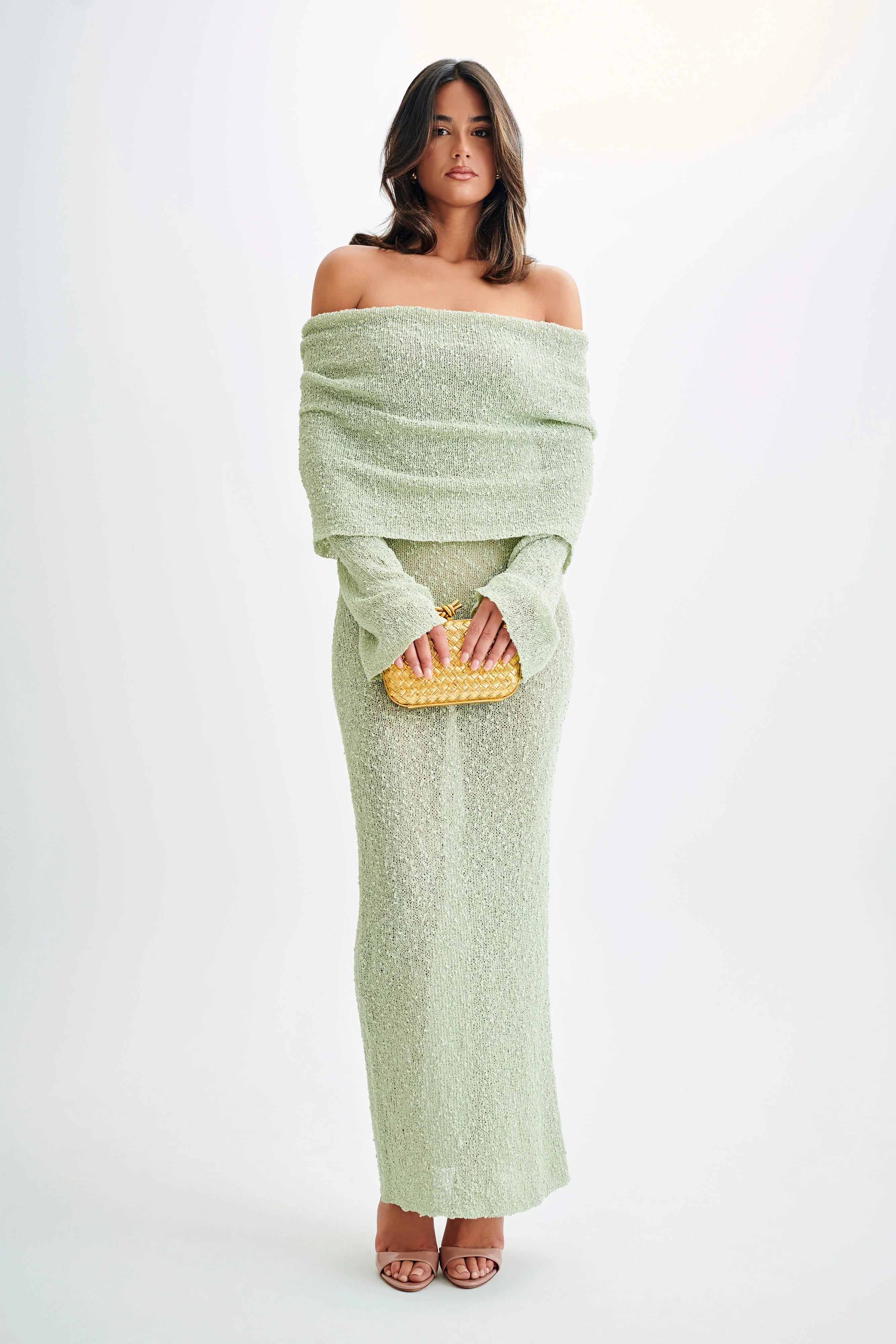 Marisol Off Shoulder Boucle Maxi Dress - Pastel Green