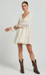 Chaney Mini Dress - Long Sleeve Tie Front Smock Dress in Ivory