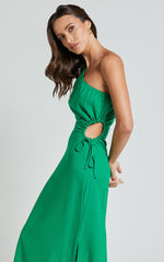 Kari Midi Linen Dress - One Shoulder Slip Dress in Green