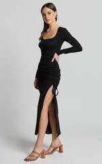 Harlow Midi Dress - Crew Neck Long Sleeve Ruched Side Split Dress in Black