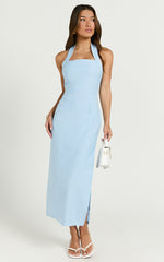 Darcy Midi Dress - Halter Fitted Side Split Dress in Blue