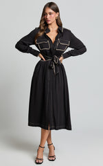 Ally Midi Dress - Collared Button Through Long Sleeve Tie Dress in Black