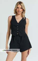 Angela Playsuit - V Neck Button Through Vest Playsuit in Black