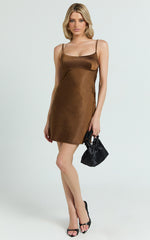 Mikaila Mini Dress - Cut Out Back Satin Slip Dress in Chocolate