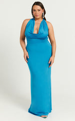 Sylvana Maxi Dress - Cowl Halter Neck Bodycon Dress in Blue