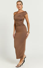Yolanda Midi Dress - Off Shoulder Ruched Side Jersey Dress in Mocha