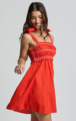 Cloe Mini Dress - Linen Tie Shoulder Shirred Dress in Red