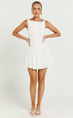 Zhai Mini Dress - High Neck Button Through Dress in Ivory