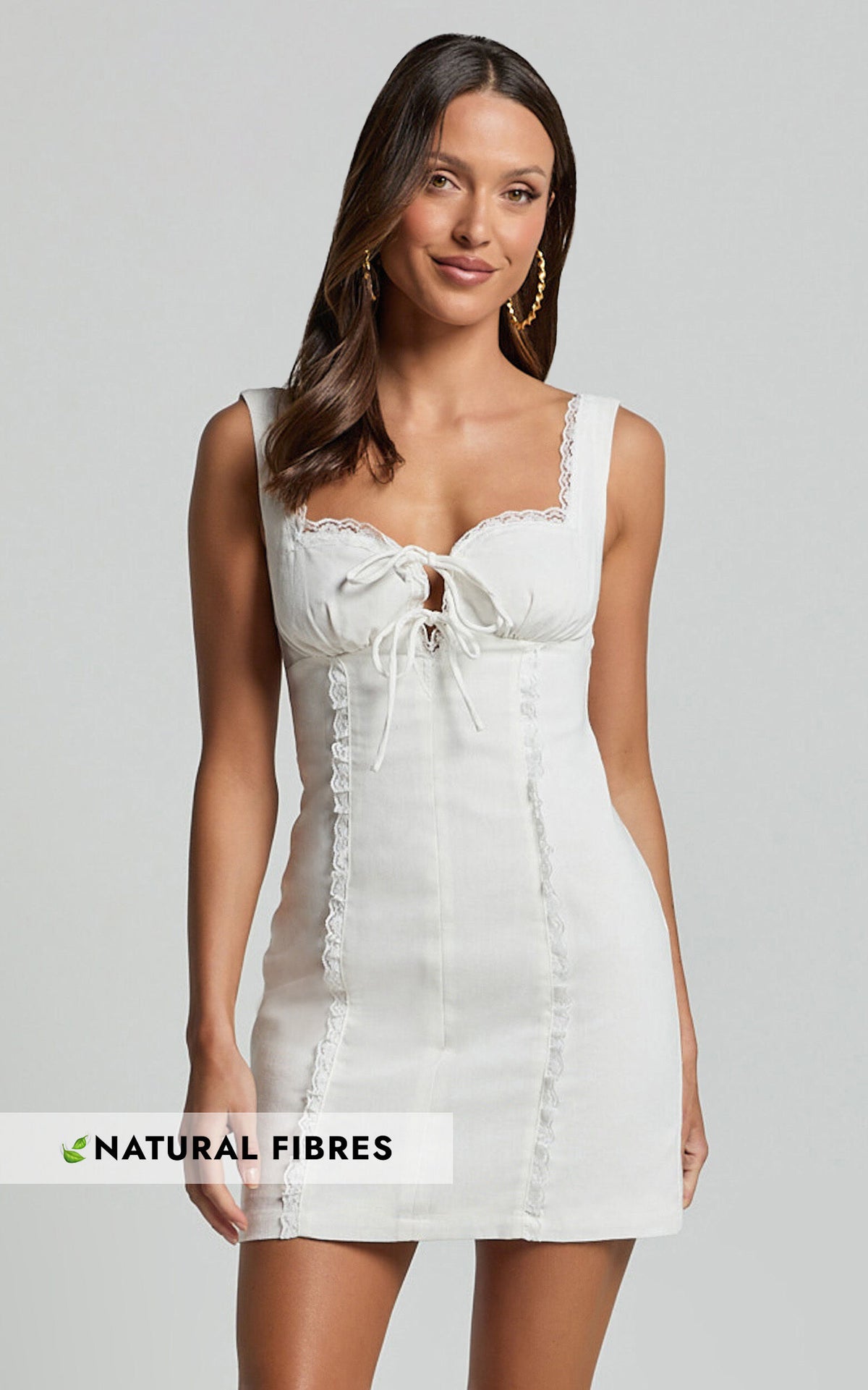 Flynn Mini Linen Dress - Lace Trim Square Neck Tie Front Dress in Ivory