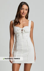 Flynn Mini Linen Dress - Lace Trim Square Neck Tie Front Dress in Ivory