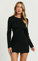 Victoria Mini Dress - Long Sleeve Ribbed Jersey Dress in Black
