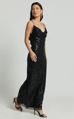 Sally Maxi Dress - Cowl Neck Backless Sequin Mesh Dress in Black