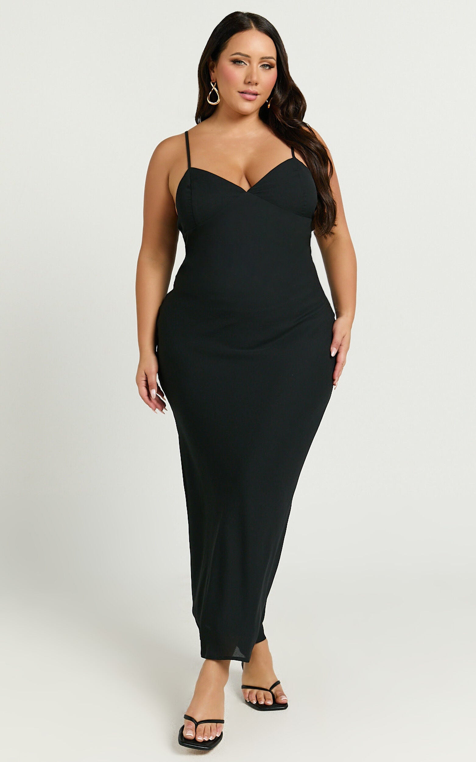 Fayette Midi Dress - V Neck Slip Dress in Black