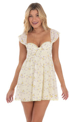 Embroidered Floral Babydoll Dress in Yellow