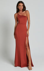 No Ones Fault Midi Dress - One Shoulder Thigh Split Dress in Rust