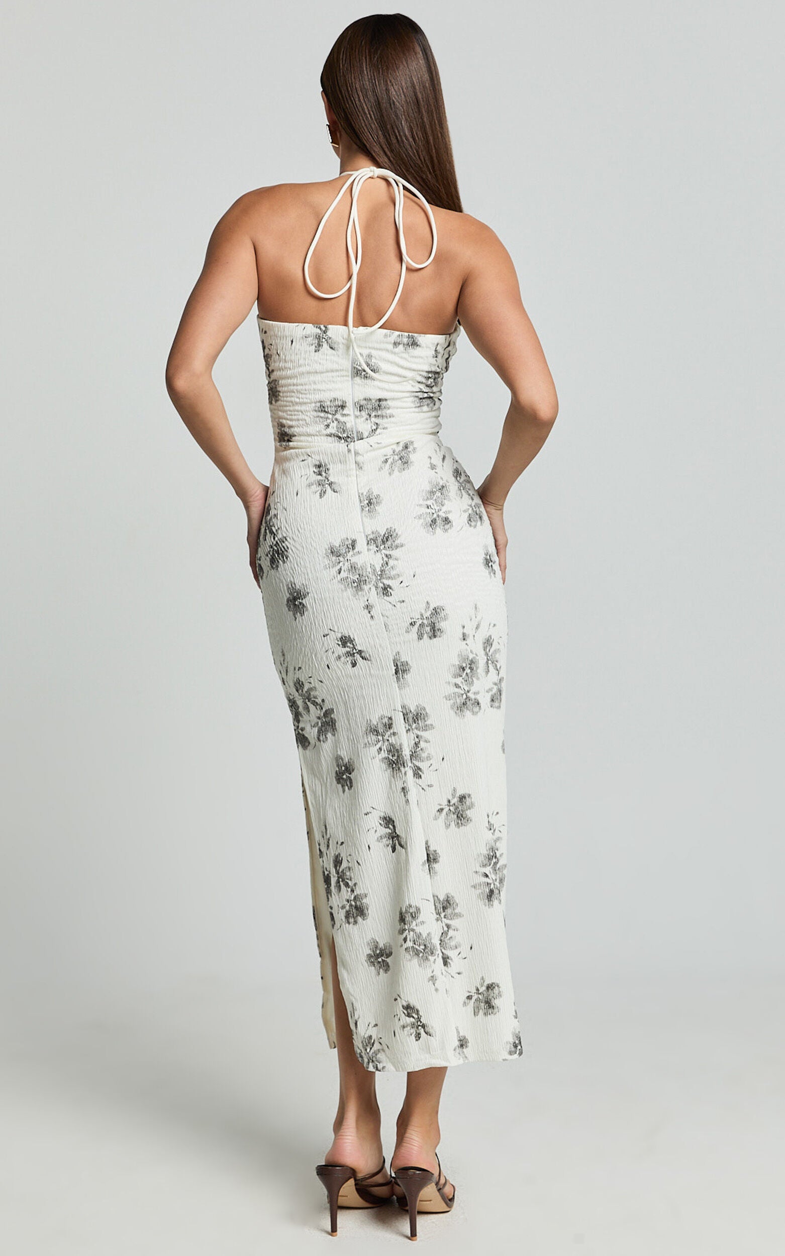 Evaline Midi Dress - Halter Neck Cut Out Front Slip Dress in Black and White Floral