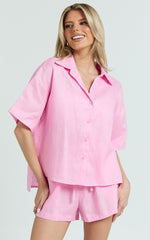 Ramona Top - Linen Short Sleeve Shirt in Pink