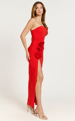 Ebby Maxi Dress - Strapless Rosette Thigh Split Dress in Red