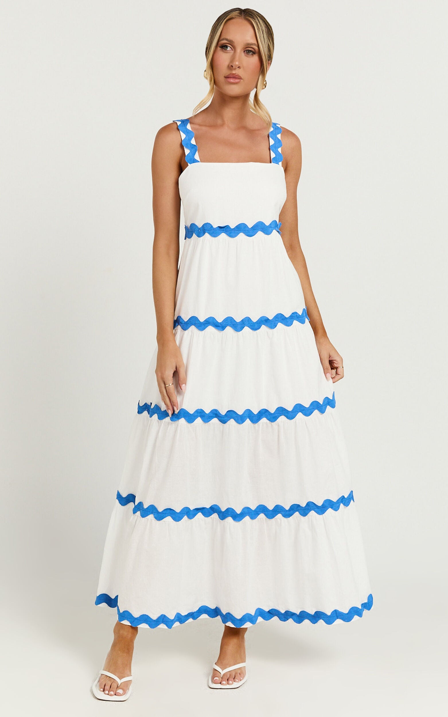 Brenda Midi Dress - Sleeveless Straight Neck Wave Detail A Line Dress in White