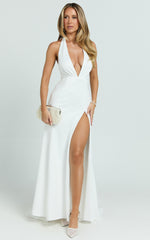 Miranda Maxi Dress - Plunge Halter Fit And Flare Dress in Off White