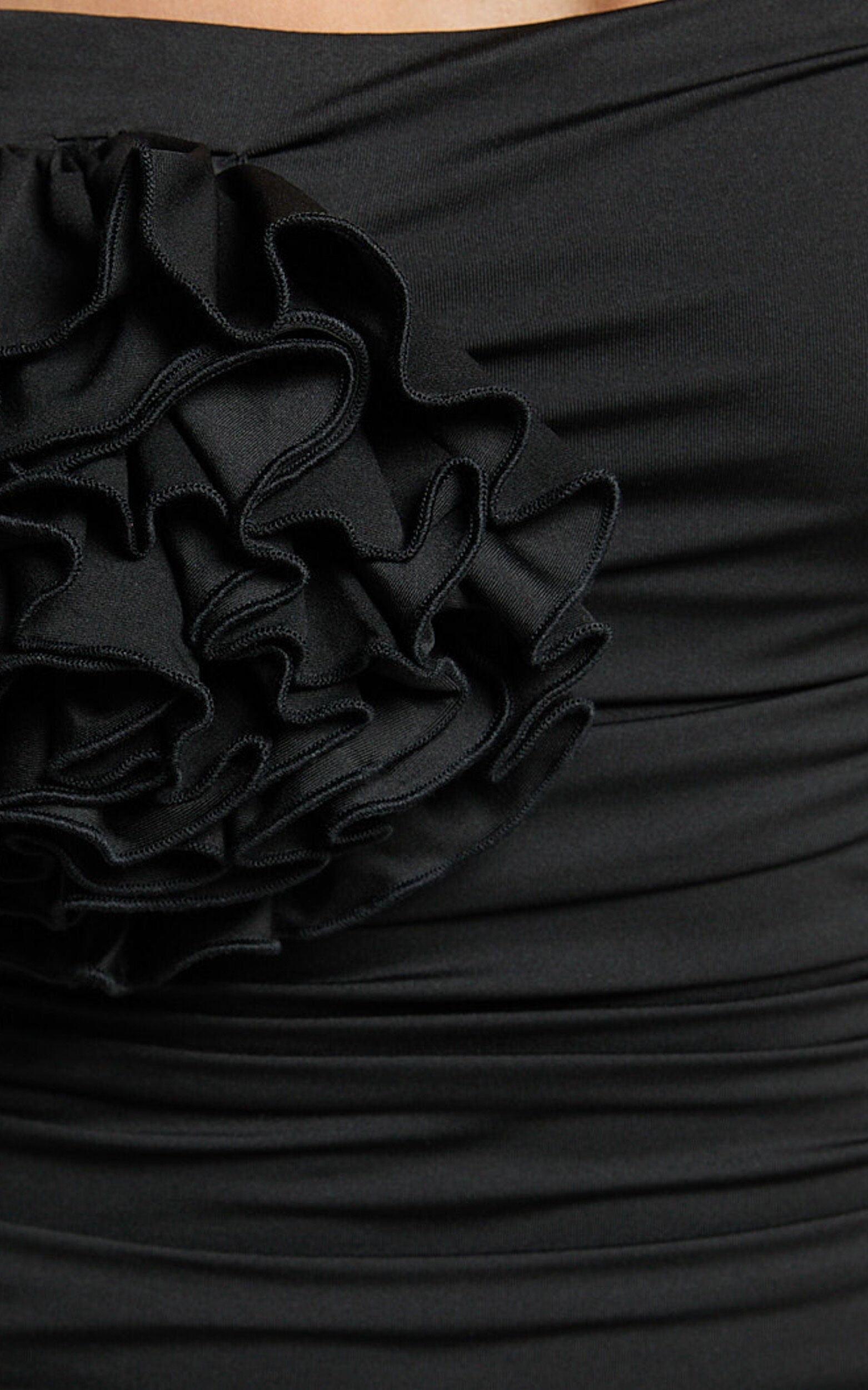 Scarlett Midi Dress - 3D Floral Corsage Ruched Bodycon Dress in Black