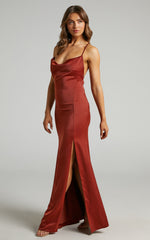 A Final Toast Midi Dress - Cowl Neck Thigh Split Dress in Copper Satin