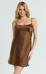 Mikaila Mini Dress - Cut Out Back Satin Slip Dress in Chocolate