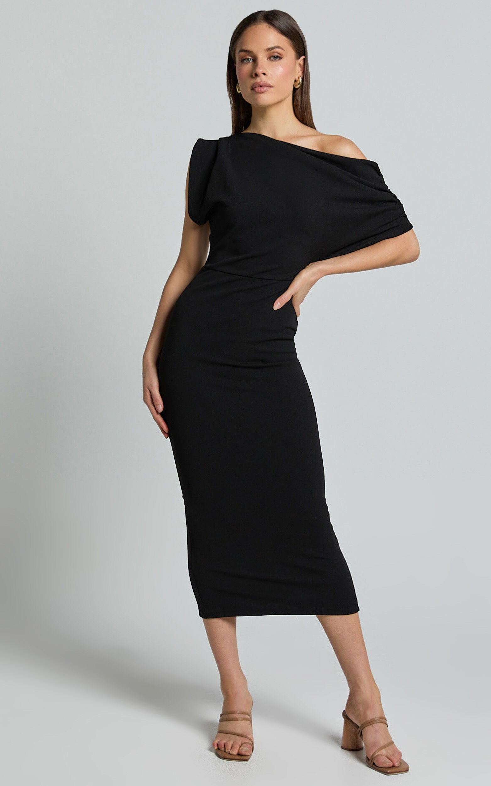Nalfie Midi Dress - Tipped Shoulder Jersey Drape Dress in Black