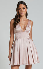 Bronte Mini Dress - Plunge Neck Fit and Flare in Blush