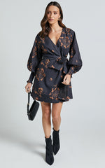 Alvinia Mini Dress - Balloon Long Sleeve Wrap Dress in Black Print