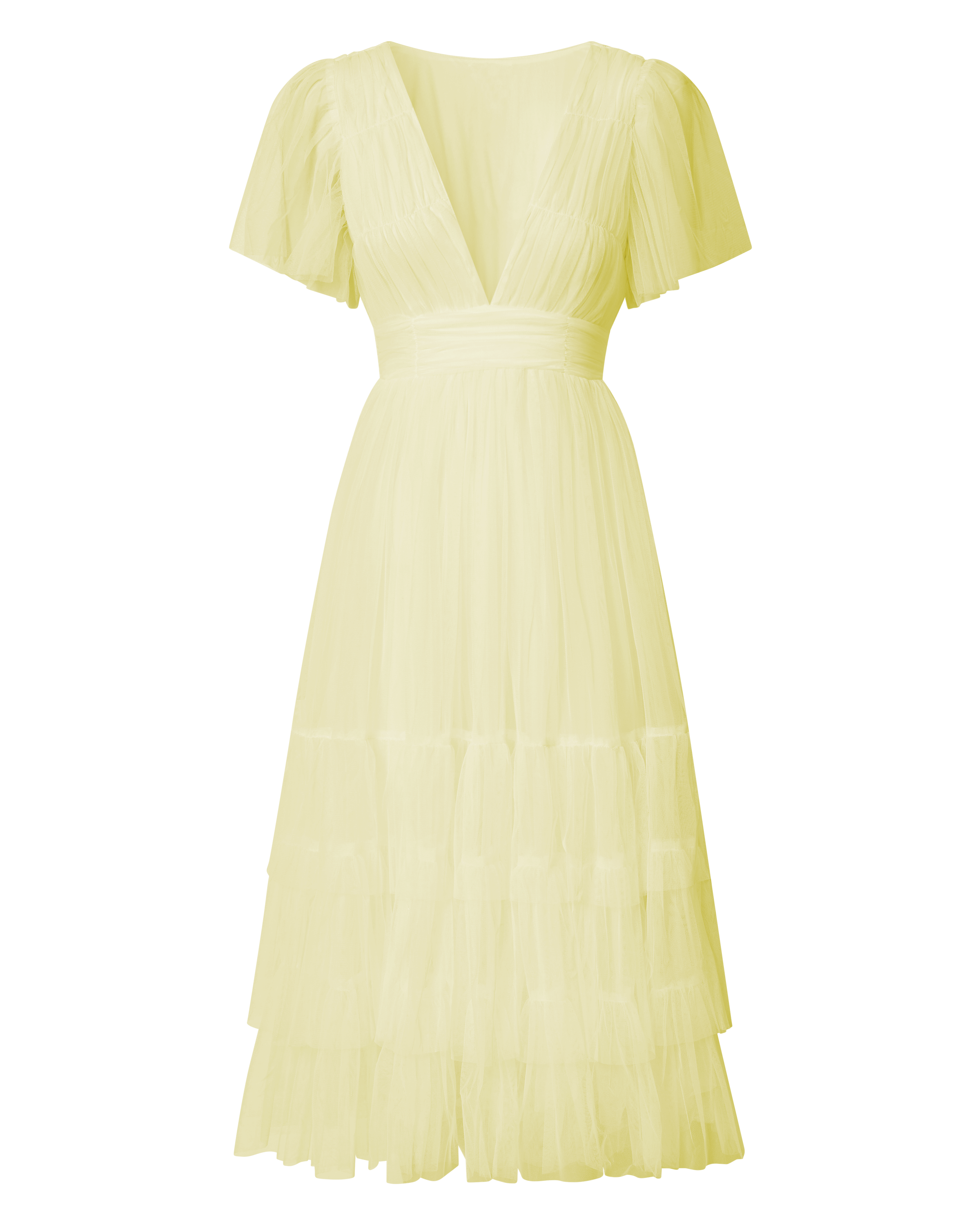 Jiraye Midi Dress - Flutter Sleeve Tuelle Plunge Dress in Lemon