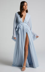 Dangerous Woman Maxi Dress - Plunge Thigh Split Dress in Light Blue