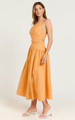 Ebony Midi Dress - Asymmetrical Cut Out Dress in Orange