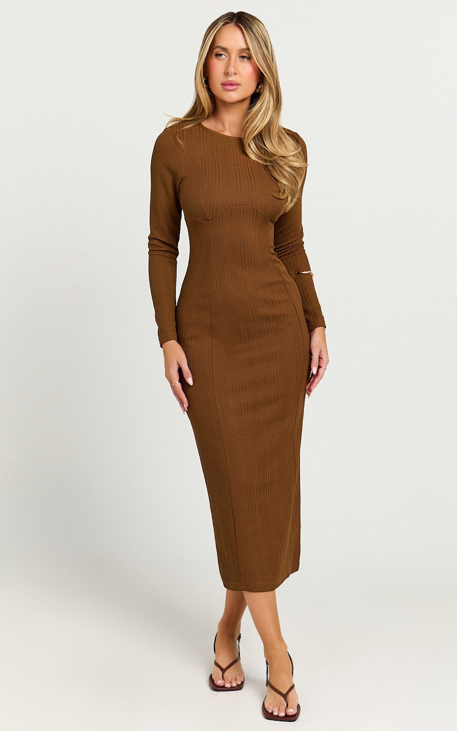 Divina Midi Dress - Long Sleeve A Line Knit Dress in Brown