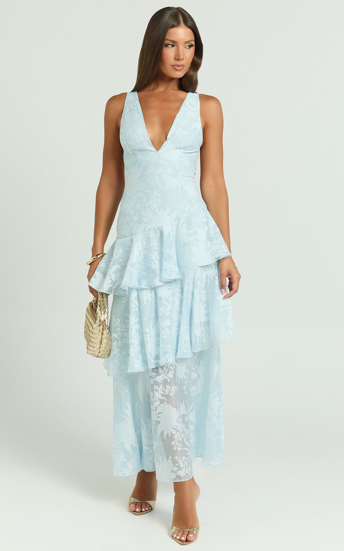 Eva Midi Dress - Deep V Neck Sleeveless Layered Dress in Blue