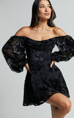 Jessell Mini Dress - Long Sleeve Cowl Corset Dress in Ebony Burnout