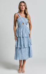 Alvinia Midi Dress - One Shoulder Cut Out Tiered Dress in Light Blue