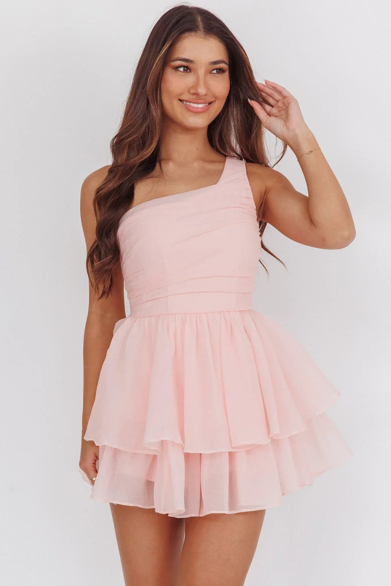 Raelene One-Shoulder Ruffle Romper Pink