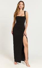 Donna Maxi Dress - Cowl Neck Column High Split Dress in Black