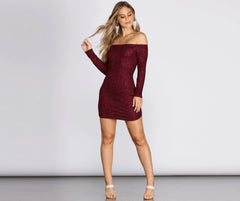 Off Shoulder Long Sleeve Glittering Mini Dress