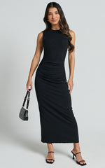 Carly Midi Dress - High Neck Ruched Dress in Black