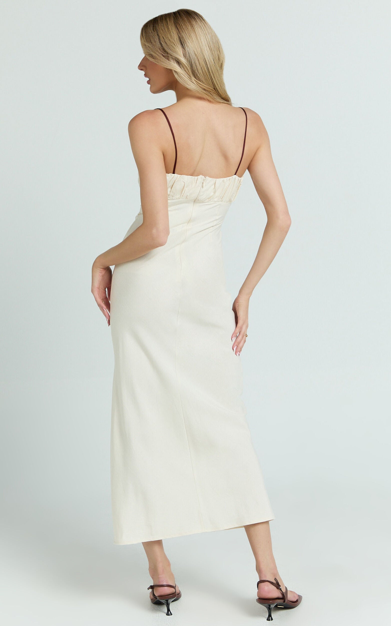 Gwen Midi Linen Dress - Strapped Ruched Bodice Bias Dress in Cream