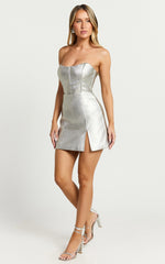 Cooper Mini Dress - Metallic Strapless Dress in Silver