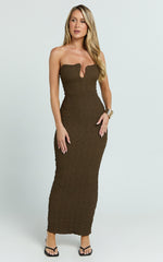 Alberta Maxi Dress- Strapless bust detail textured dress in Chocolate